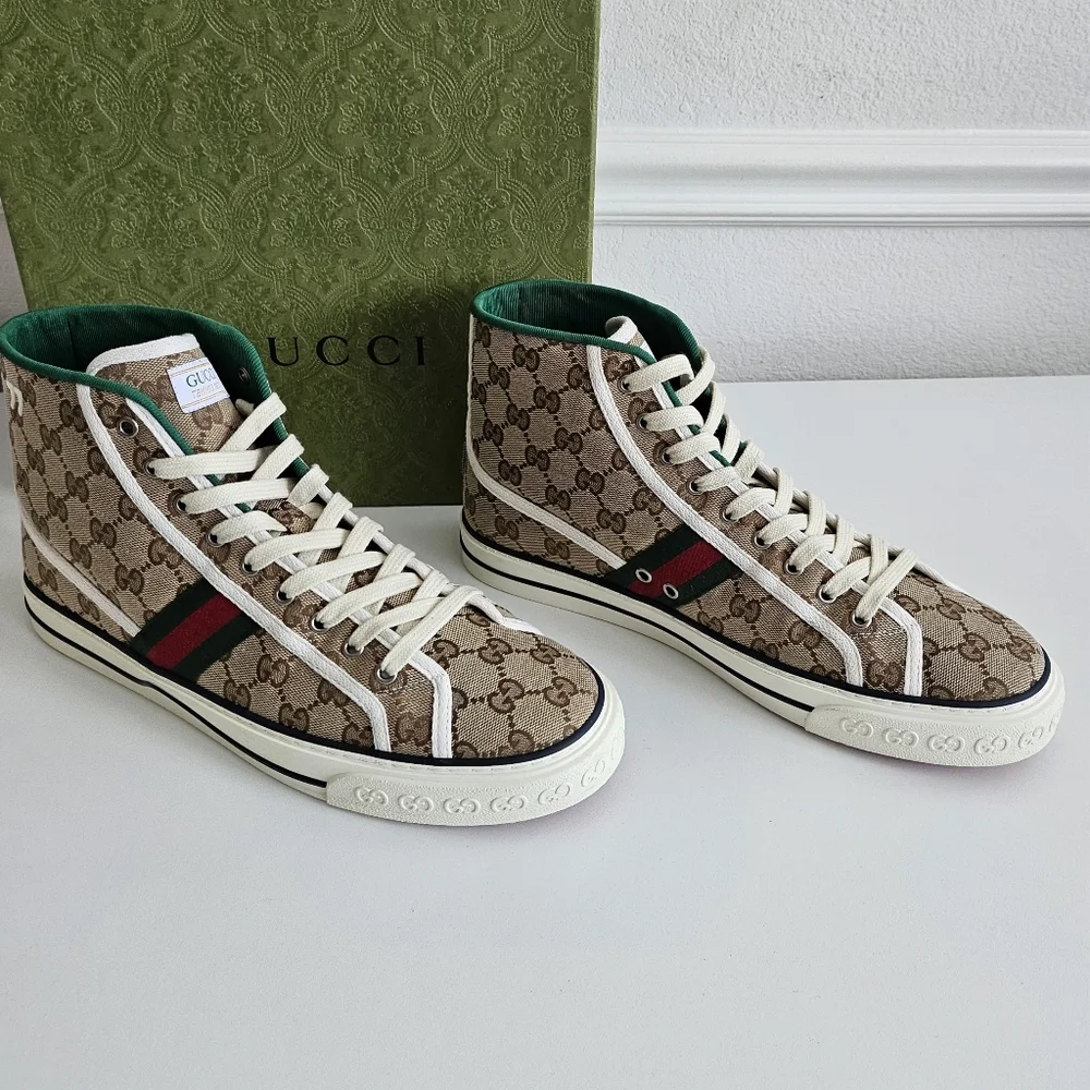 New Gucci Men's GG Tennis 1977 Brown High-Top Sneakers - Size 11